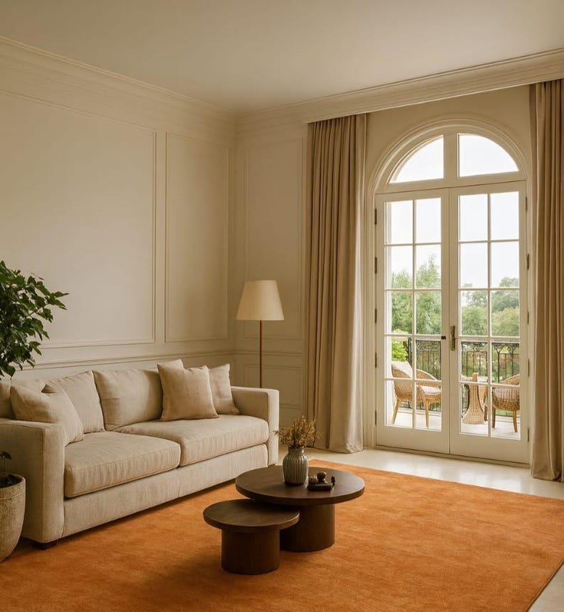 Puede incluir: Sal&oacute;n con sof&aacute; beige, cojines y mesa de centro redonda de madera. Una alfombra naranja cubre el suelo. Tambi&eacute;n se ven una l&aacute;mpara de pie y una ventana grande con cortinas beige.