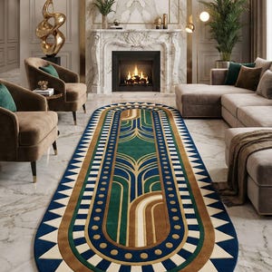 Hand Tufted Wool Rug 100% Wool Area Carpet Art Deco Egyptian Design Teal Navy Gold Geometric Modern Luxury Living Room Large Oval Runner Rug