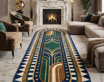 Hand Tufted Wool Rug 100% Wool Area Carpet Art Deco Egyptian Design Teal Navy Gold Geometric Modern Luxury Living Room Large Oval Runner Rug