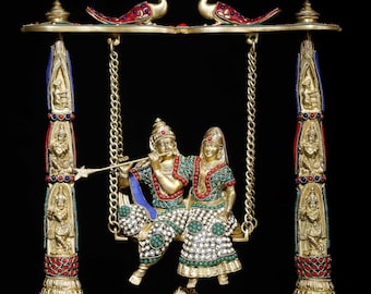 18" Radha - Krishna on Swing | Brass Statue with Inlay Work