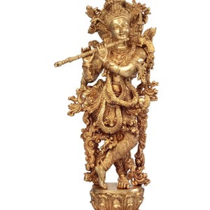 29&quot; Tribhanga Murari (Krishna) Brass Sculpture | Handmade with Golden Vine Detailing