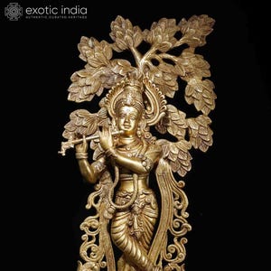 23&quot; Lord Krishna Idol Playing Flute Under the Tree | Brass Statue for Decor