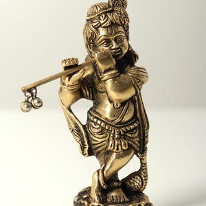 13 cm liten stående Bal Krishna-idol som spelar flöjt | Mässingsstaty