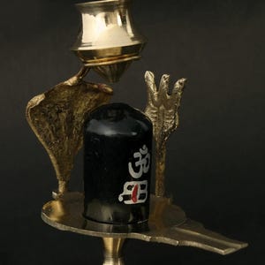 Black Stone Shiva Linga with Brass Trishul Nag and Patra