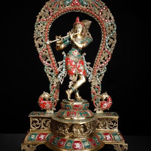 31&quot; Large Murli Manohar Krishna Idol on Pedestal with Peacock Prabhavali | Inlay Brass Statue