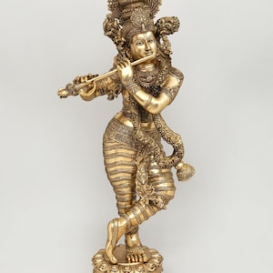 122 cm stor superfin Lord Krishna som spelar flöjt | Mässingsstaty
