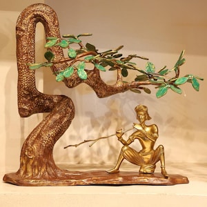 18&quot; Lord Krishna Brass Statue Playing Flute Under The Tree