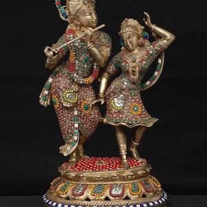 23&quot; Fluting Lord Krishna with Goddess Radha | Brass Statue with Inlay Work