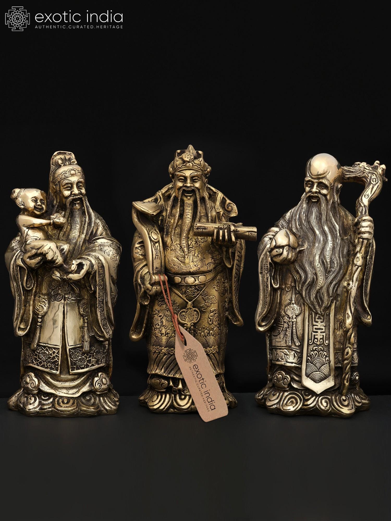 Fu Lu Shou Brass Statues: Chinese Good Fortune Deities, 13.5