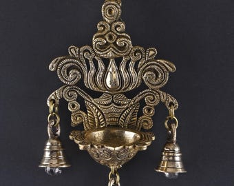10" Brass Lotus Design Wall Hanging Lamp with Bells