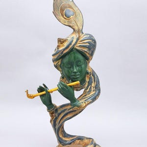20" Stiliserad modern Krishna som spelar flöjt | Mässingsstaty
