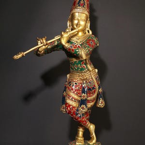 23" Bhagawan Shri Krishna spelar flöjt | Mässingsstaty med inläggningar
