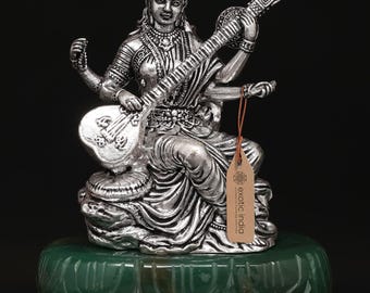 4" Small Brass Superfine Goddess Saraswati on Jade Base