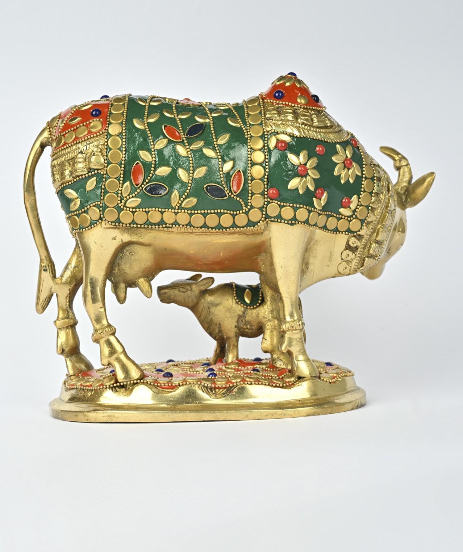 8インチの真鍮製牛と子牛の象嵌細工 | スピリチュアルな室内装飾