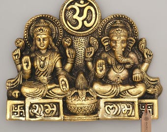 7" godin Lakshmi en Lord Ganesha met om en Shubh Labh | Messing muurhanger