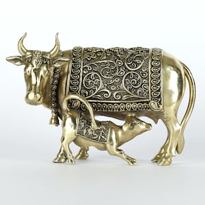 8インチの真鍮製牛と子牛の象嵌細工 | スピリチュアルな室内装飾