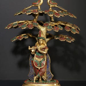15" Bhagawan Shri Krishna spelar flöjt under Kadamba-trädet | Mässingsstaty med inläggningar