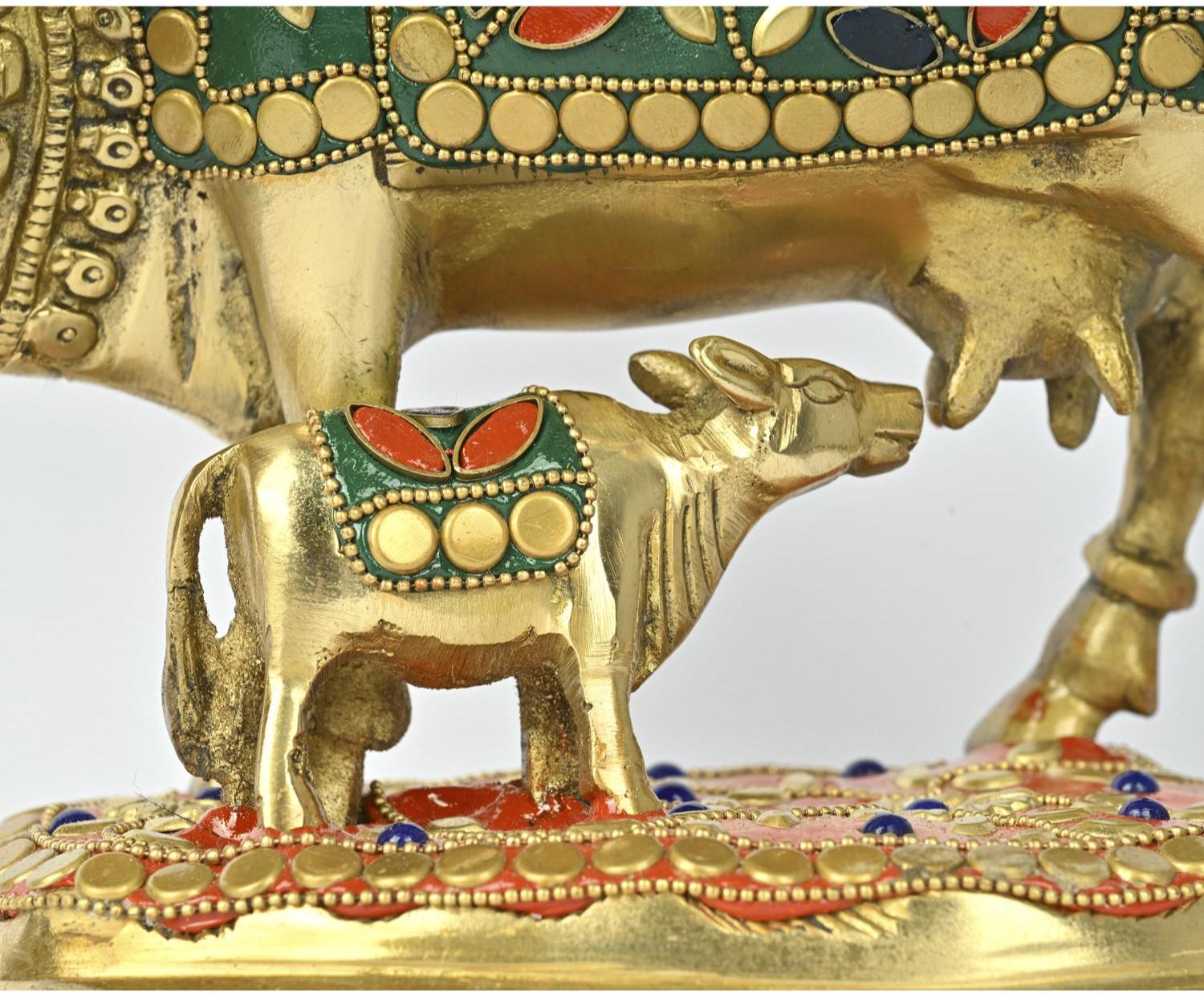 8インチの真鍮製牛と子牛の象嵌細工 | スピリチュアルな室内装飾