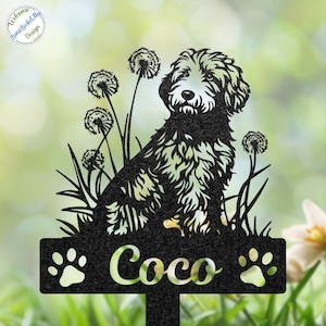 May include: Black metal garden stake with a dog silhouette, dandelions, and the name "Coco." The dog sits amongst grass and dandelions. Paw prints frame the name. The stake is designed for outdoor use.