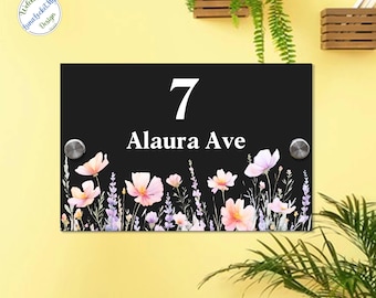 Personalized Flower Address Sign, Acrylic House Number Plaque