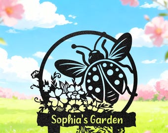 Personalized Ladybug Metal Sign, Custom Flower Garden Decor, Backyard Stake, Outdoor Yard Art, Gardener Gift, New Home Gift
