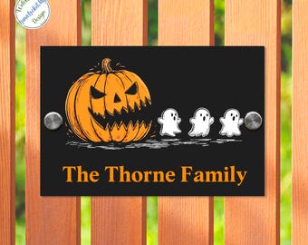 Personalized Pumpkin Halloween Address Sign, Spooky Door Hanger