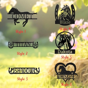Puede incluir: Una colección de letreros de metal negro con temática de caballos. Cada letrero presenta una silueta de caballo y un nombre, incluyendo "Comet", "Blaze", "Titan", "Dakota", "Shadow" y "Whiskey". Los letreros están diseñados con varios elementos decorativos.