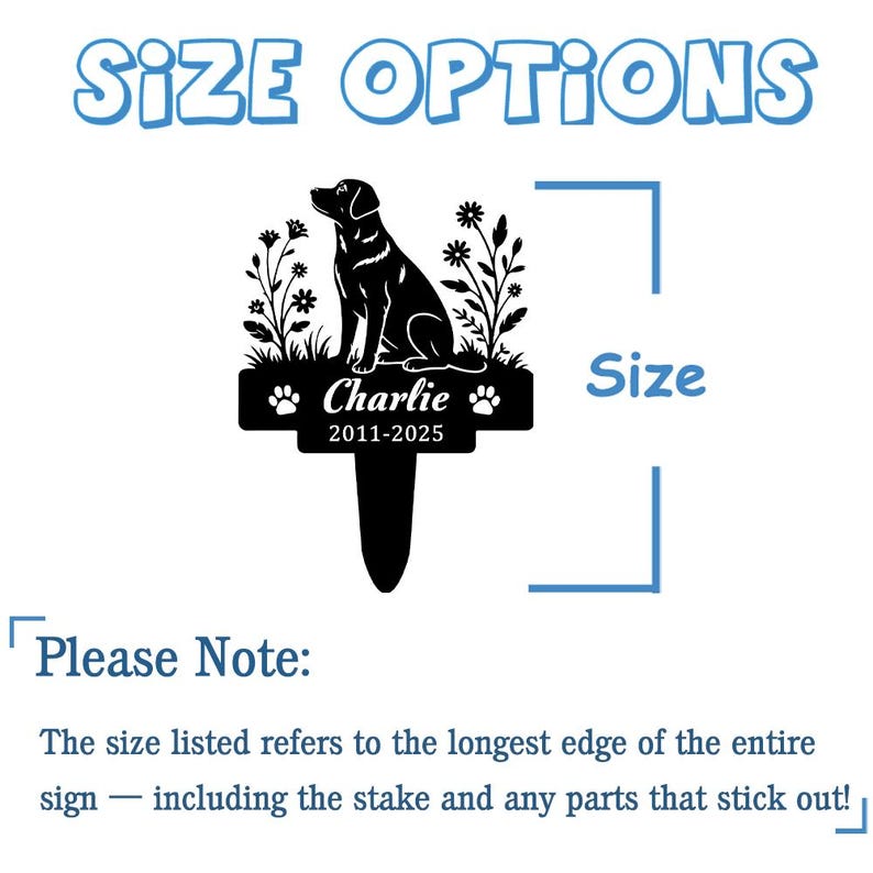 May include: A black metal garden stake sign featuring a silhouette of a dog sitting among flowers. The sign includes the text Charlie, the dates 2011-2025, and two paw prints. The image includes the text SIZE OPTIONS and Please Note.