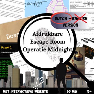 以下が含まれることがあります： 「Afdrukbare Escape Room Operatie Midnight」という脱出ゲームのプロモーション画像。虫眼鏡、都市のシルエット、パズルの要素が含まれています。インタラクティブなウェブサイトと60分のプレイ時間でゲームが宣伝されています。