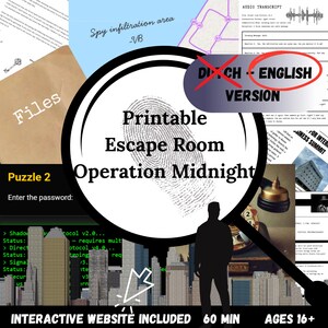 May include: Promotional image for a printable escape room game, "Operation Midnight." The design includes a magnifying glass over a cityscape silhouette. Text elements include "Files," "Puzzle 2," and "Interactive Website Included."