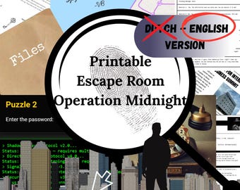 May include: Promotional image for a printable escape room game, "Operation Midnight." The design includes a magnifying glass over a cityscape silhouette. Text elements include "Files," "Puzzle 2," and "Interactive Website Included."