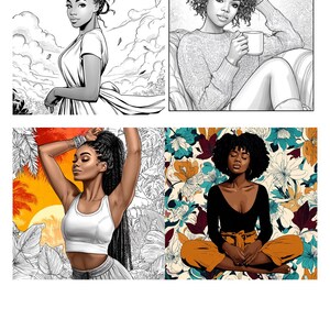 Pode incluir: Um livro de colorir de autocuidado com ilustra&ccedil;&otilde;es de mulheres negras. As imagens incluem mulheres em v&aacute;rias poses, incluindo uma segurando uma caneca e outra em uma pose de ioga. A capa do livro apresenta o texto: "A Self-Care Coloring Book Featuring Black Women."