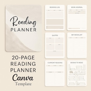 Pode incluir: Um modelo de planejador de leitura bege com o texto "Reading Planner" em fonte preta. A imagem inclui páginas de "Reading Log", "Book Journal", "Quotes", "My Wishlist", "Current Reading" e "Books to Read". O texto "20-PAGE READING PLANNER Canva Template" também é visível.