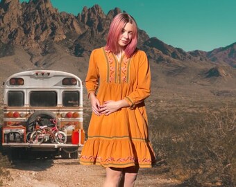 Vintage 70's Cotton Embroidered Indian Midi Festival Dress