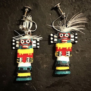 Hopi Kachina Doll Handmade Carved Wood Earrings