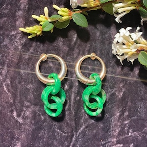 Mid Century 14K Gold Hoops Chain Carved Jadeite Jade Earrings