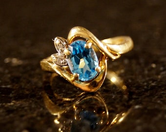 14K Gold Swiss Blue Topaz and Diamond Accent Ring
