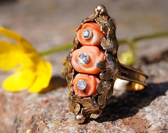 Arts and Crafts Era 14K Gold Carved Coral and Diamond Ring