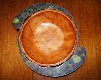 Giant 1970&#39;s Los Castillo Inlay Silver Wooden Salad Bowl Mosaico Azteco