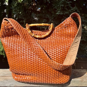 Gucci Woven Leather X Large Market Tote Bamboo Handle Cross Body