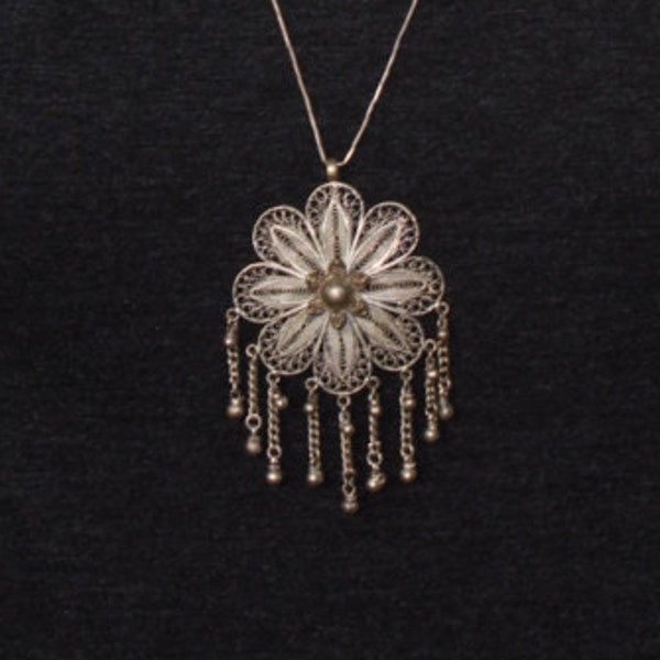Large Filigree Silver Flower Necklace