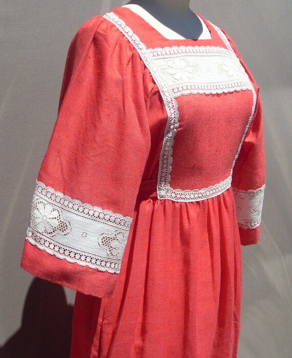 70's Coral & Lace Bohemian Prairie Dress - image 7