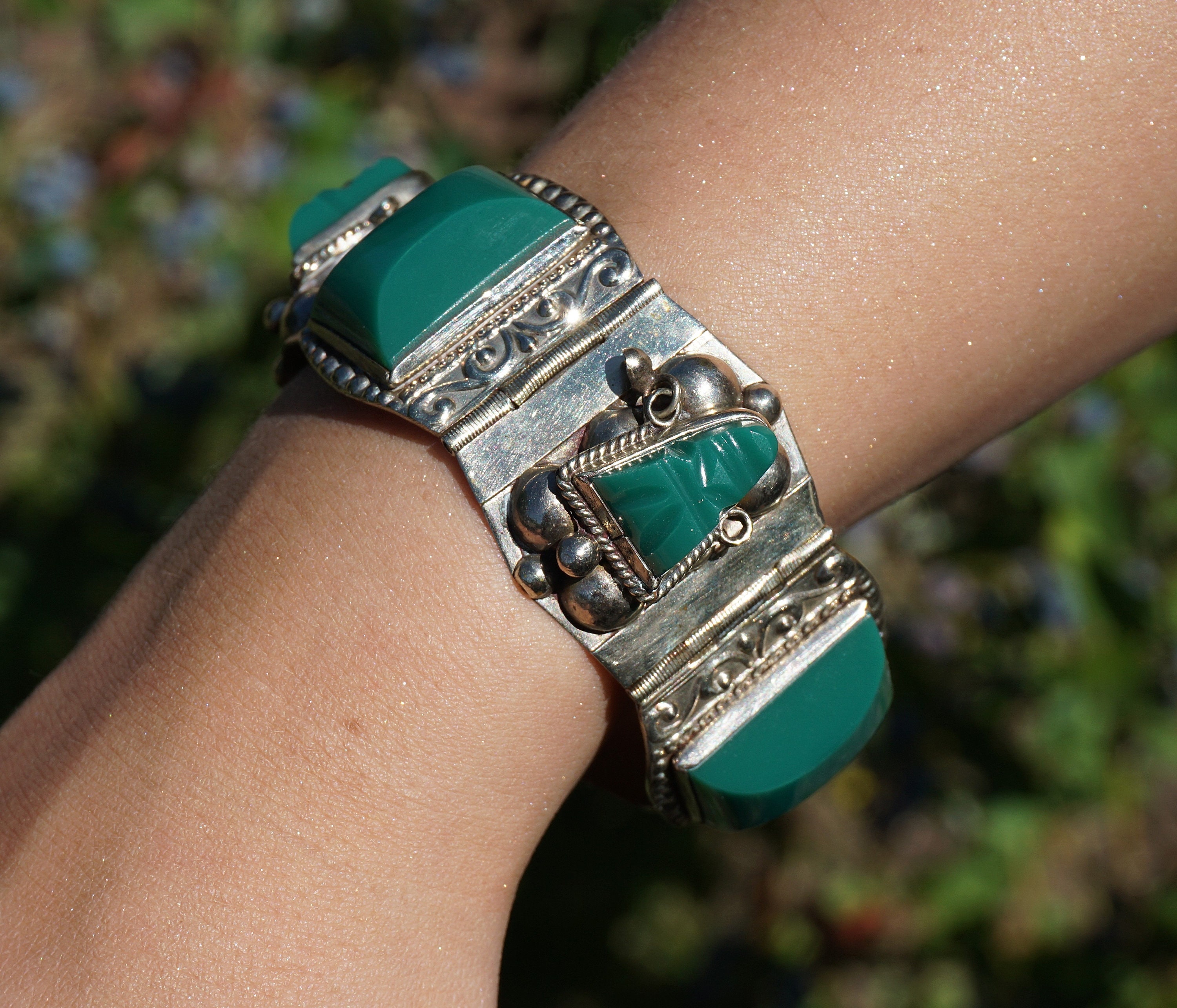 Sterling Silver Mexican Jade Glass Aztec Mask Bracelet - Etsy