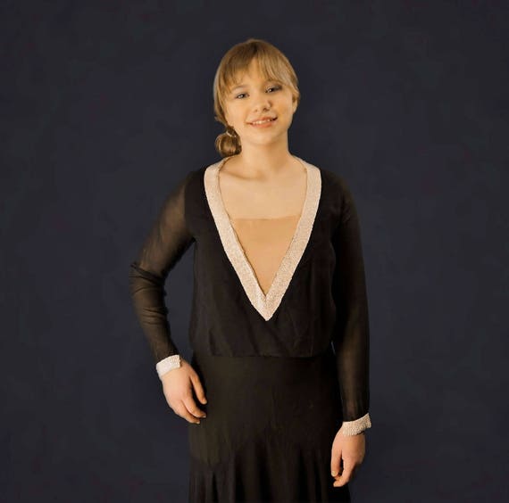 20's Black Silk Chiffon Beaded Flapper Dress