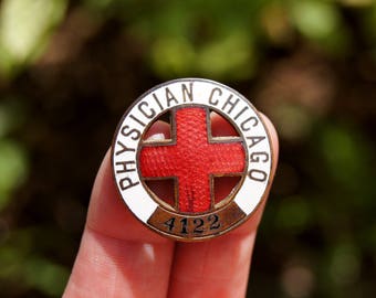 Antique Red Cross Chicago Physician Guilloche Pin