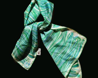 1970'S VERA Neumann Silk Green and Teal Long Scarf Triangle