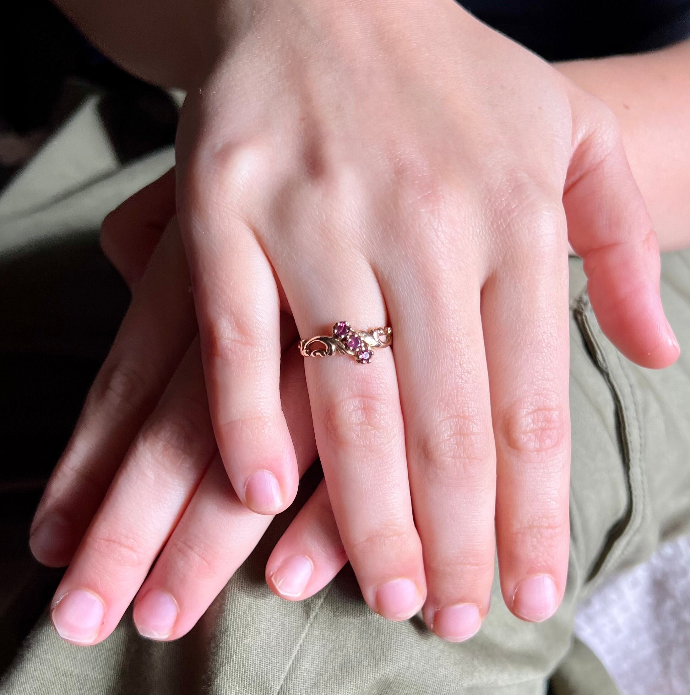 14K Victorian Pink Tourmaline Three Stone Ring