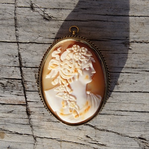 Victorian 14K Large Shell Cameo Brooch and Pendant