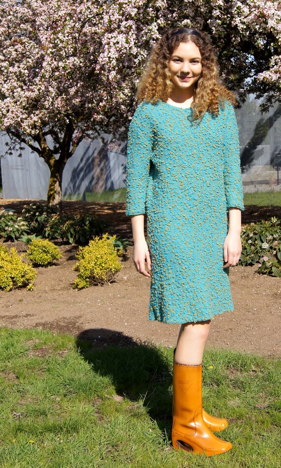 60's Mod Nubby Knit Blue and Green Dress - image 5