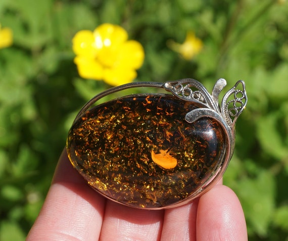 Baltic Amber Sterling Silver Large Brooch Pin - image 1